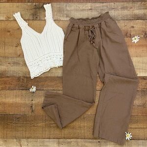 Linen/Cotton Blend Casual Pants, Elastic Waist, Pockets